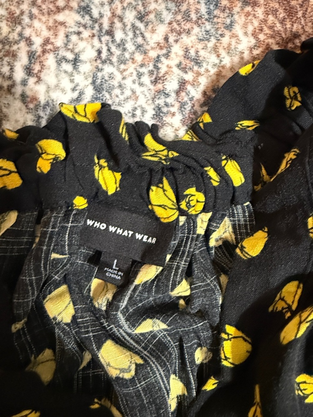 Who What Wear Black Blouse with Yellow Floral Print and Tie Neck - Picture 3 of 3